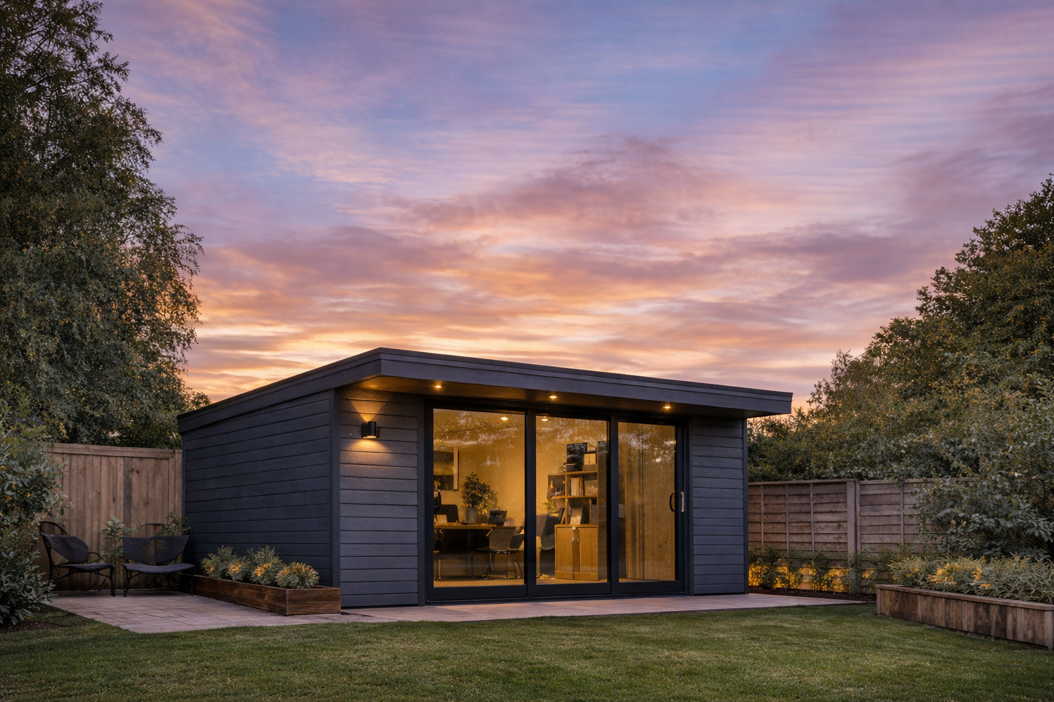 Modern SIP garden room at sunset UK